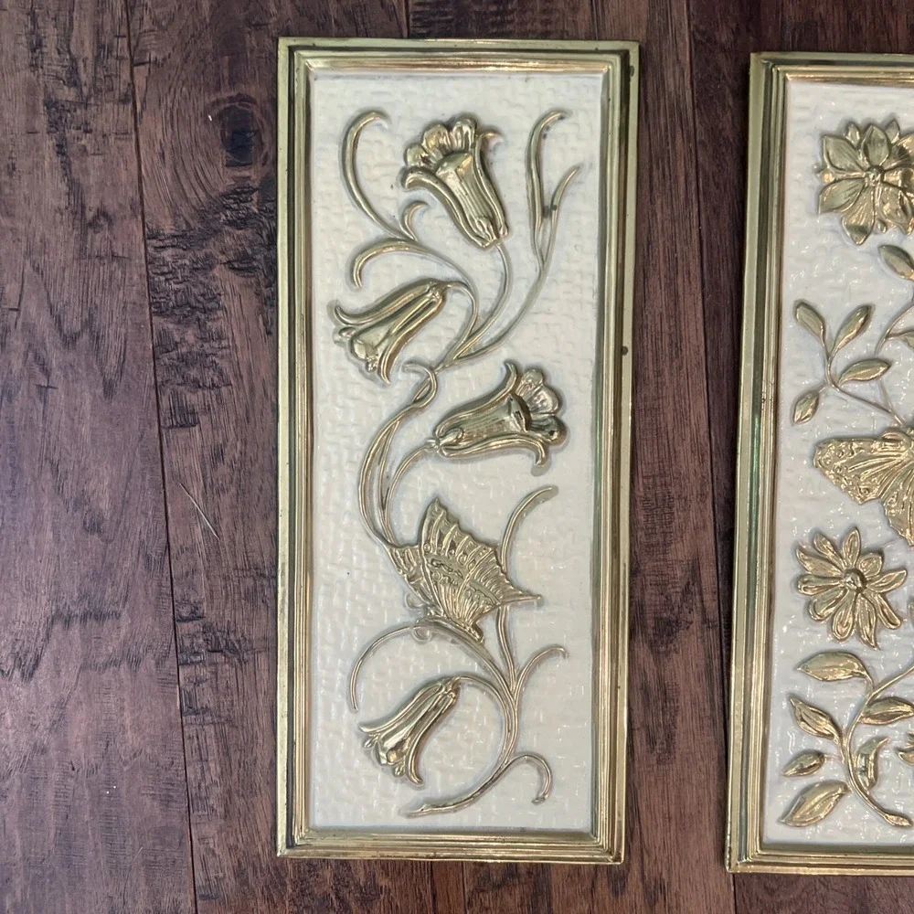 Vintage MCM Wall Panels Gold Floral Butterfly Cream 3D Set